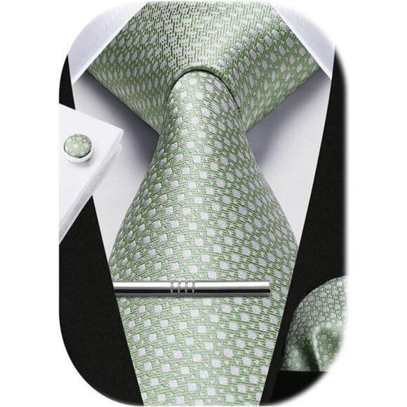 Mens Plaid Tie Set with Pocket Square Cufflinks Tie Clip Business Wedding - Picture 1 of 7